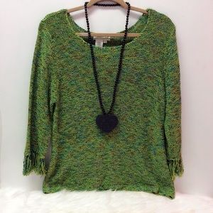 Green Boho Style Sweater w/ Fringe Sleeves
